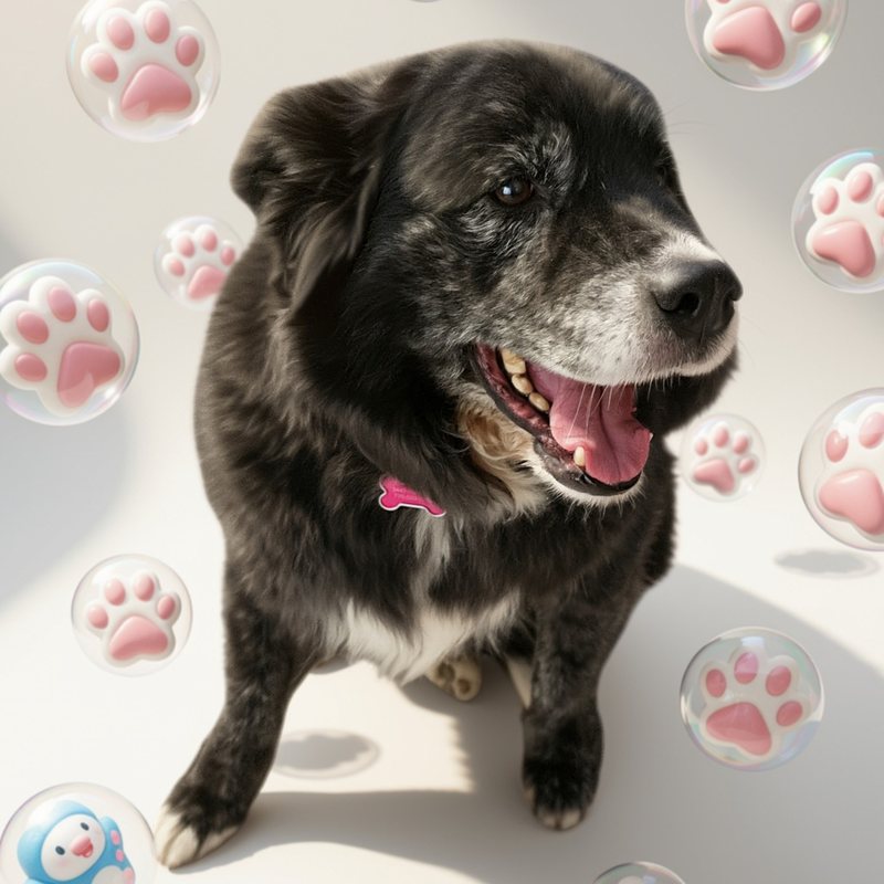 Gerry, a black dog with a grey muzzle and a pink tag, smiling