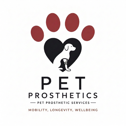 Pet Prosthetics logo: a red paw print with a heart and a dog wearing a prosthetic leg